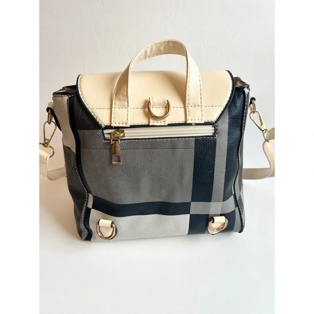 Black White Plaid Backpack Crossbody Bag Set 4 Piece Faux Leather Cream Trim